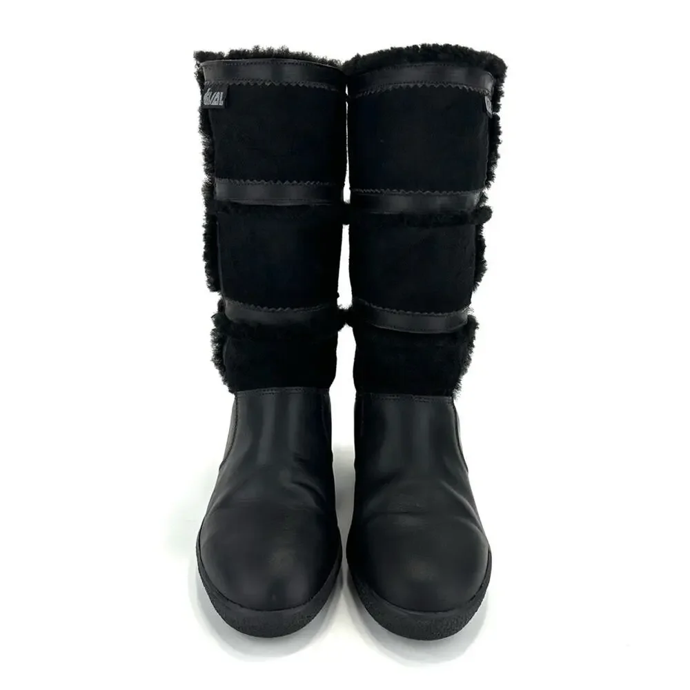 Dival Italy Elisa Black Winter Boot Sz 8 Leather Wool Lining Low Wedge Mid-Calf